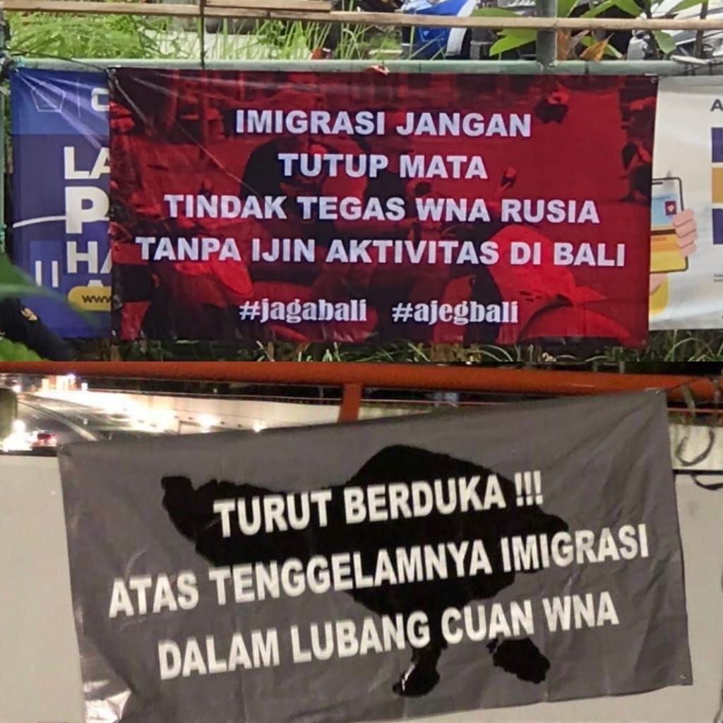 Dua spanduk bernada sindiran tiba-tiba muncul menyerang kinerja Kantor Imigrasi Kementerian Hukum dan HAM (Kemenkumham) Bali.
