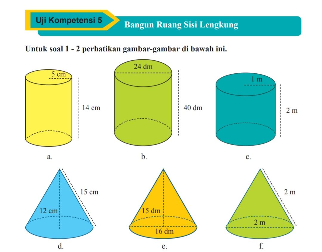 Ilustrasi - Kunci jawaban Metematika kelas 9 SMP Semester 2 halaman 307 308 309 310 dan cara, Uji Kompetensi 5 bangun ruang sisi lengkung nomor 1 - 10.