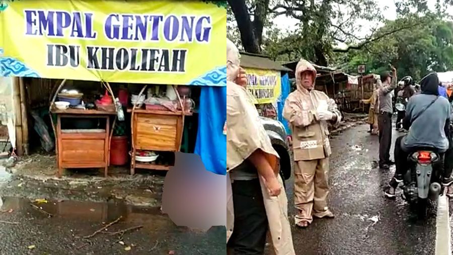 Seorang Ibu Pedagang Empat Gentong di pinggir Jalan Raya Kecamatan Klangenan Kabupaten Cirebon tewas tersambar petir (foto diblur tebal). Petugas saat menertibkan lalulintas di jalur padat kendaraan itu, Sabtu, 1 April 2023.