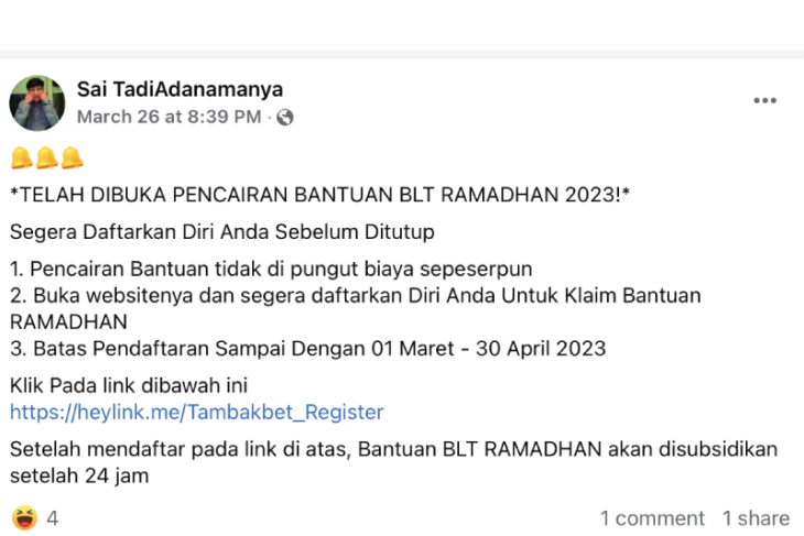 Postingan soal pencarian dana BLT Ramadhan 2023