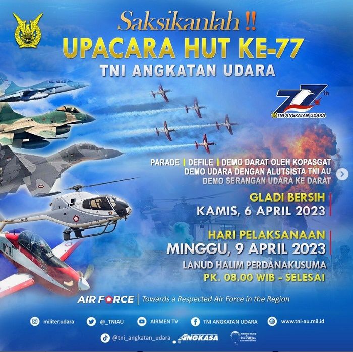 Puncak acara HUT TNI Minggu 9 April 2023, diwarnai manuver pesawat tempur dan terjun payung, gratis nonton!