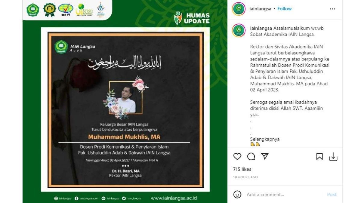 Berita duka kematian Muhammad Mukhlis di Instagram IAIN Langsa