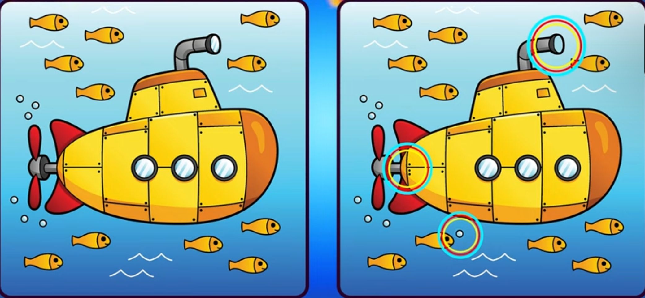 Jawaban tes IQ dalam menemukan perbedaan gambar kapal selam. 
