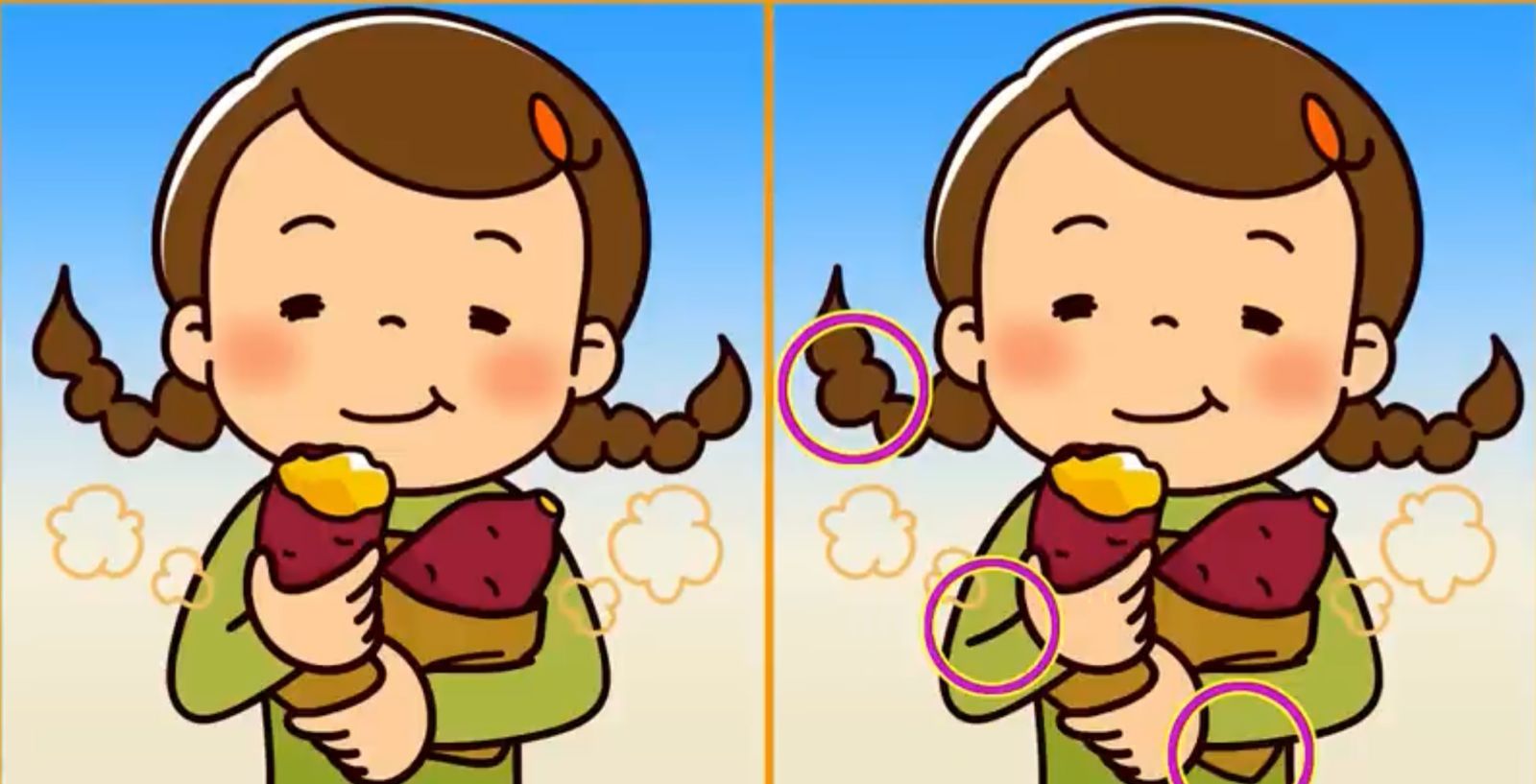 Jawaban tes IQ dalam menemukan perbedaan gambar anak yang makan kue. 
