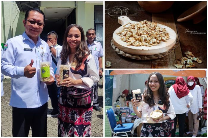Sekjen Kemendes PDTT Taufik Madjid bersama Paulina Henny Hayon yang mempromosikan jagung titi di Bazar Ramadan Kemendes PDTT.