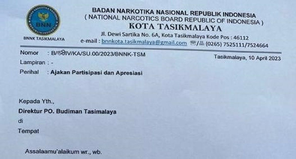 Surat Kepala BNN Kota Tasikmalaya yang ditujukan kepada PO Bus Budiman viral di media sosial.