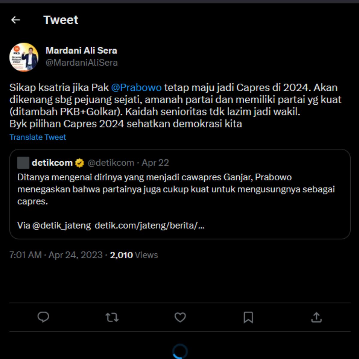 Cuitan Mardani Ali Sera menanggapi Prabowo Subianto ketika ditanya wartawan mengenai kemungkinan menjadi Cawapres Ganjar Pranowo.