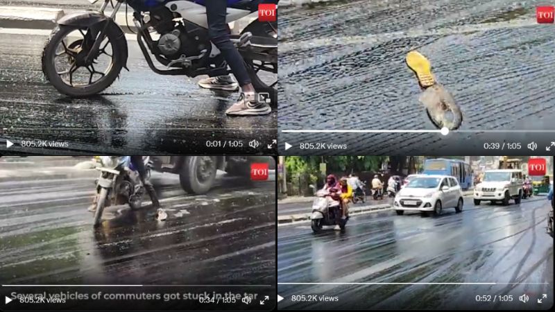 Pemandangan viral melelehnya aspal di jalanan di India.