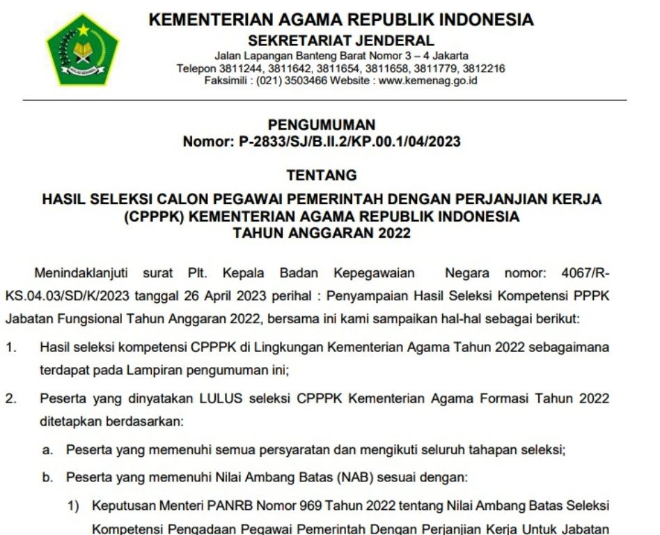 Pengumuman hasil seleksi PPPk Kemenag 2022