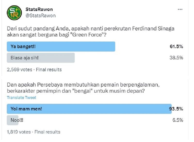 Hasil polling yang digelar akun @StatsRawon mengenai perekrutan Ferdinan Sinaga dan pemain berpengalaman