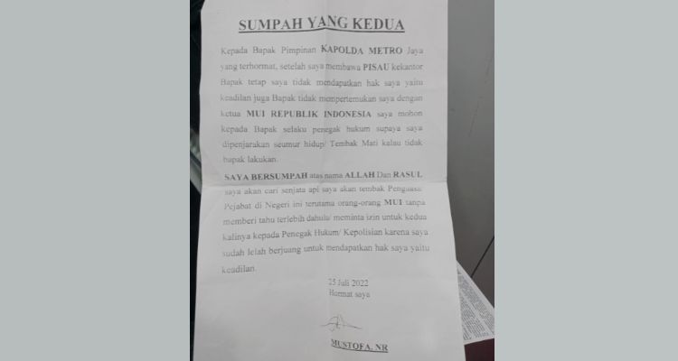 Penampakan surat yang ditulis pelaku penembakan di kantor MUI.