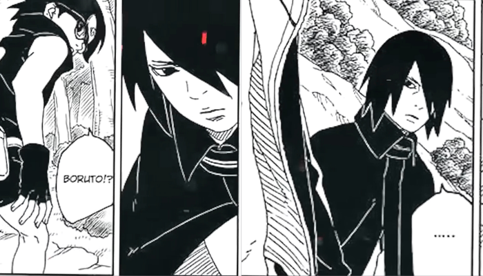 Panel adegan Sasuke yang sontak terdiam, yang disinyalir sedang memikirkan sesuatu, pada manga Boruto Chapter 80. /Manga Plus