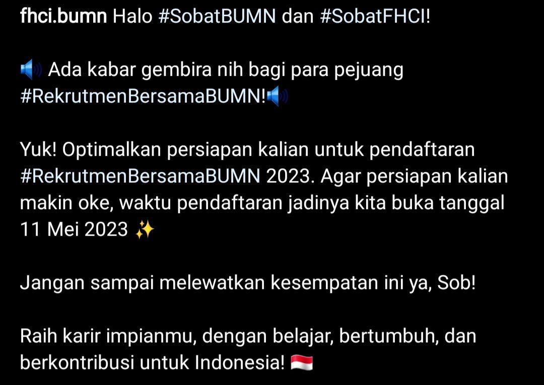Unggahan rekrutmen bersama FHCI BUMN 2023 di akun Instagram. *