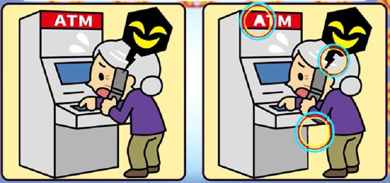 Jawaban tes IQ dalam menemukan perbedaan gambar nenek yang sedang kebingungan di depan mesin ATM. 