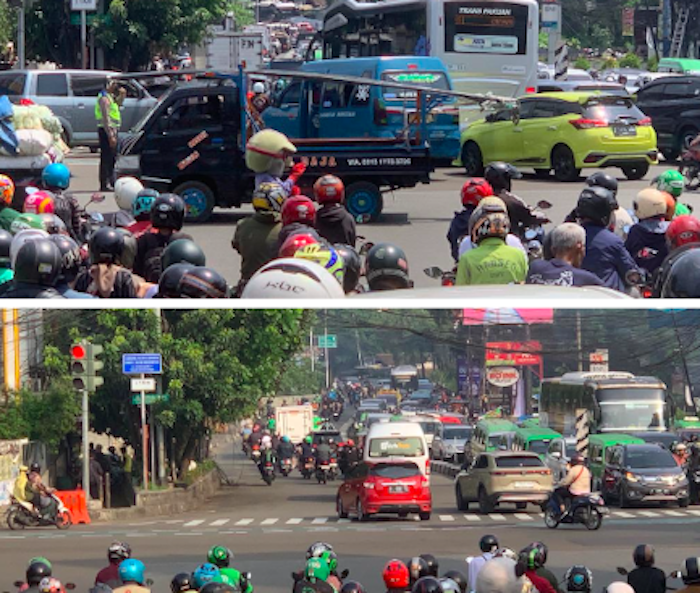 Kolase foto kondisi arus lalu lintas di Simpang Warung Jambu sebelum (atas) dan sesudah SSA diberlakukan dua arah.