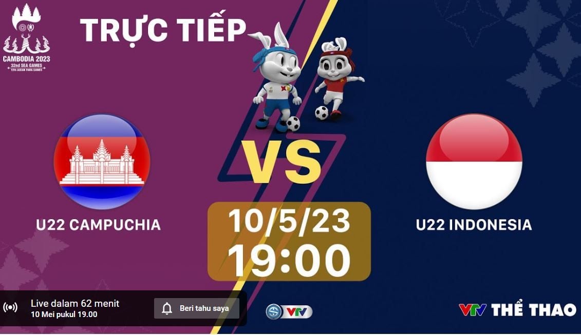 2 link live streaming Timnas Indonesia vs Kamboja di RCTI dan YouTube gratis nonton siaran langsung SEA Games 2023 malam ini dari HP.