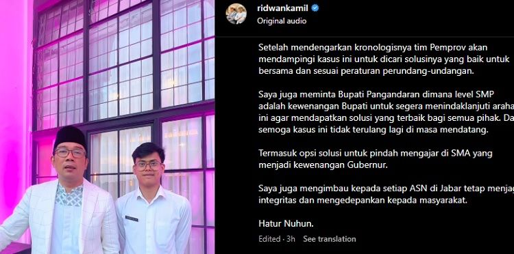 Gubernur Jawa Barat, Ridwan Kamil bertemu Husein PNS Guru yang mengundurkan diri usai lapor pungli.