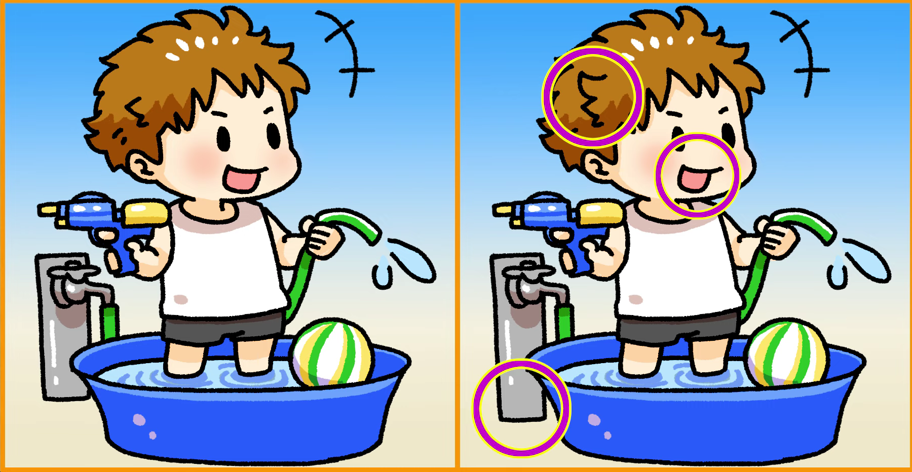 Jawaban tes IQ dalam menemukan perbedaan gambar bocil yang bermain air. 