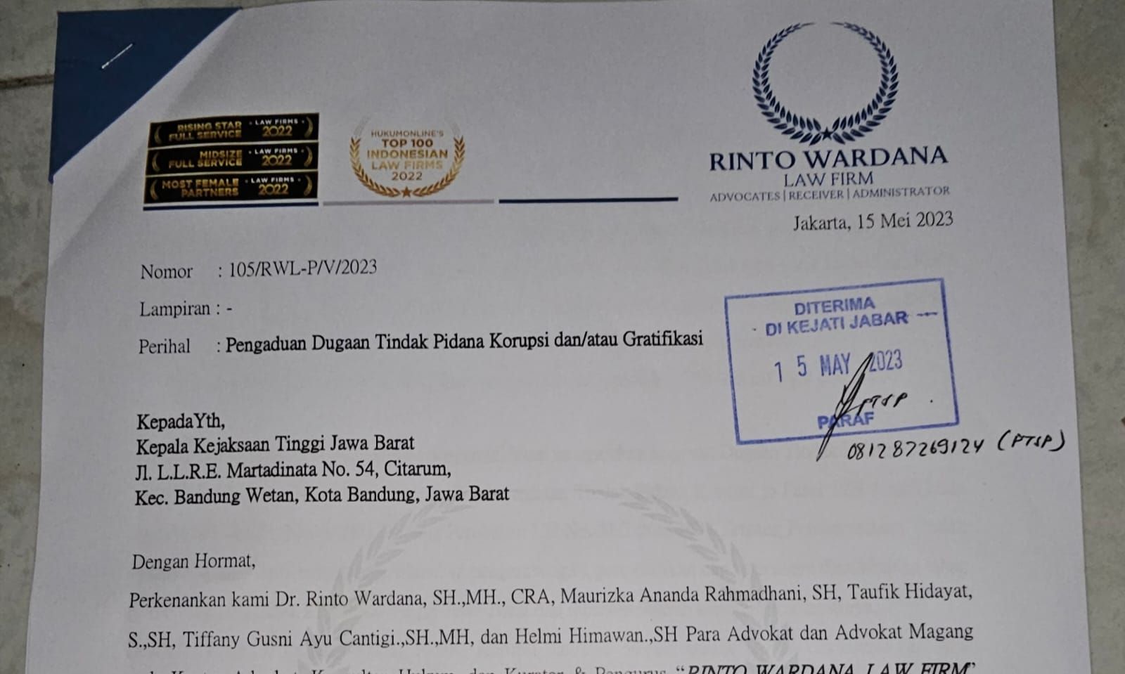 Surat resmi pelaporan atas dugaan gratifikasi dan korupsi dilakukan Bupati Purwakarta Anne Ratna Mustika