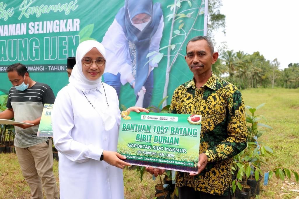 Bupati Banyuwangi Ipuk Fiestiandani membagikan 32 ribu bibit tanaman kepada kelompok tani yang tinggal di lereng selingkar Gunung Raung dan Ijen.