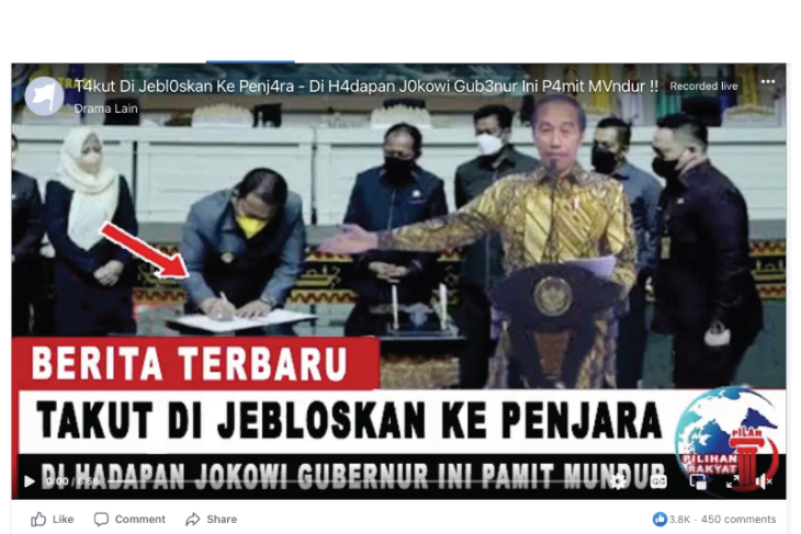 Unggahan video hoaks yang menyatakan Gubernur Lampung Arinal Djunaidi mengundurkan diri. Faktanya, unggahan video tersebut tidak menginformasikan terkait pengunduran diri Gubernur Lampung. Sehingga, narasi dan isi video tidak sesuai. (Facebook)