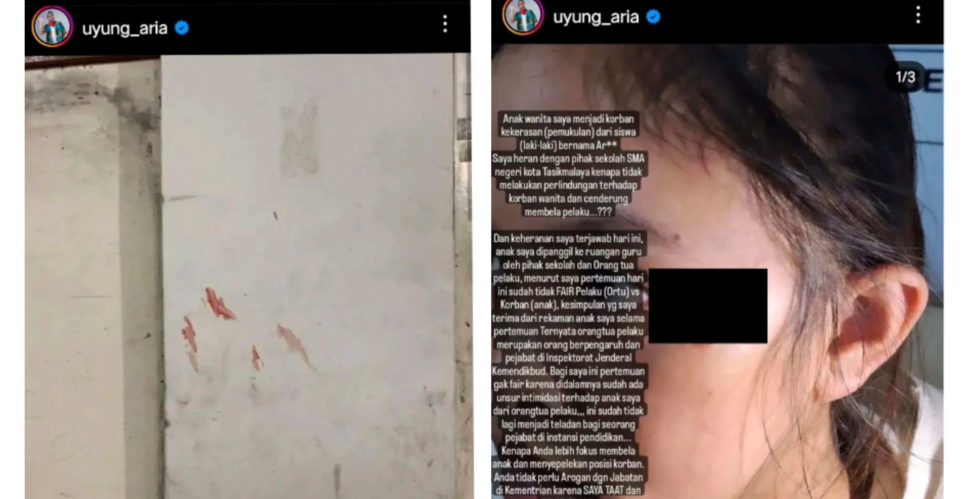 Unggahan orangtua korban di media sosial tentang kasus kekerasan yang dialami putrinya di salah satu SMA negeri di Kota Tasikmalaya.*/kolase kabar-priangan.com/Instagram/@uyung_aria