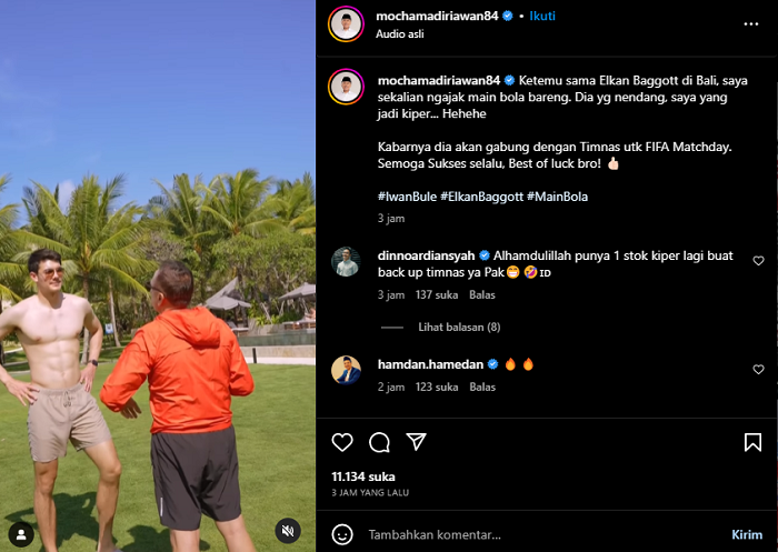 Unggahan akun Instagram Iwan Bule mengunggah momen bermain bola bareng Elkan Baggott di Bali