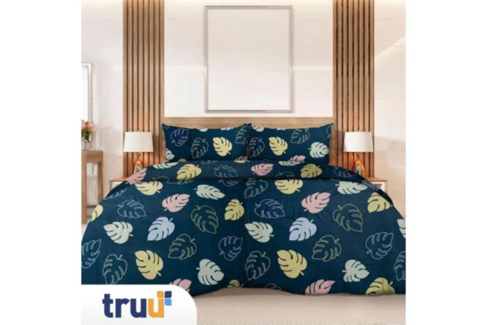 TRUU Bed Cover Premium Cotton Blend Monstera Dark Blue