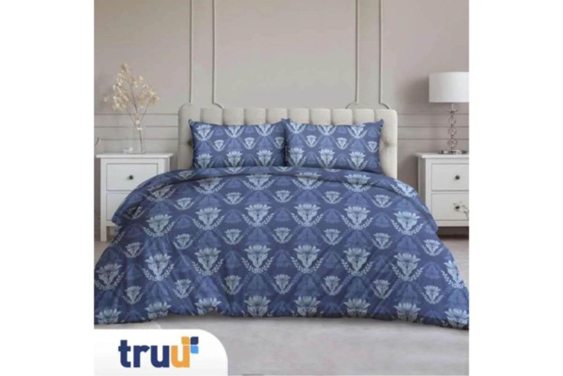 TRUU Bed Cover Luxe Rayon-Mix Damask Flower Blue