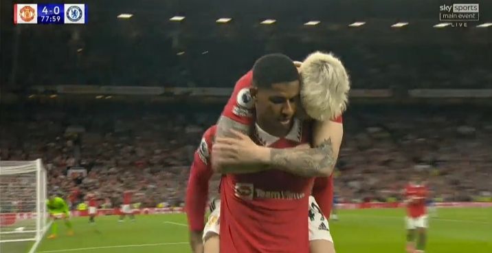 Marcus Rashford usai cetak gol ke gawang Chelsea/Tangkapan layar