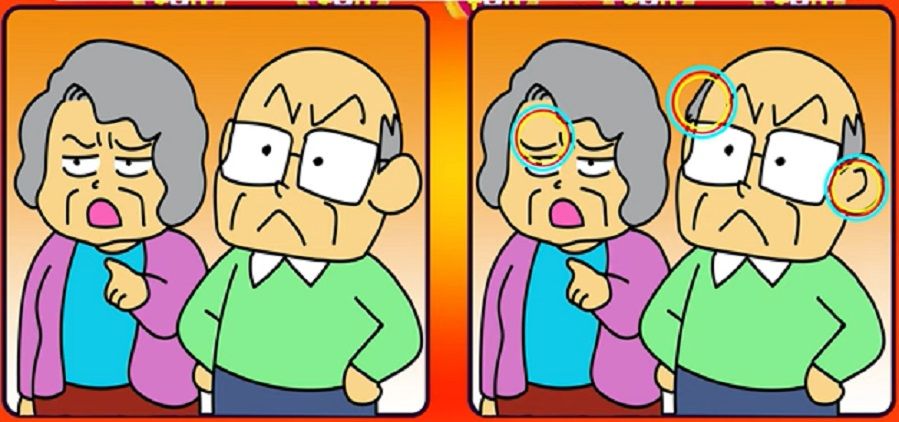 Jawaban tes IQ dalam menemukan perbedaan gambar kakek dan nenek yang sedang marah-marah. 