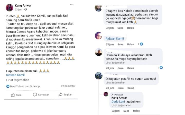 Unggahan status Kang Anwar yang bernama lengkap Anwar Hidayat di media   sosial yang dikomentari banyak warganet.*/kolase kabar-priangan.com/Tangkapan layar/Facebook