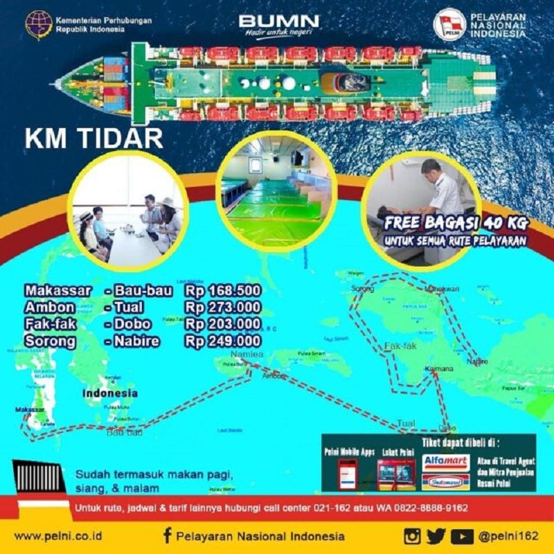 Info jadwal kapal Tidar Juni 2023 asli PT Pelni terbaru ruter Makassar - Nabire pp dan harga tiket KM Tidar kelas ekonomi hingga termahal.