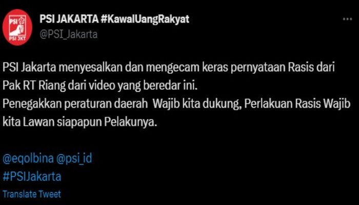 PSI Jakarta mengecam Ketua RT Riang Prasetya karena dianggap rasis.