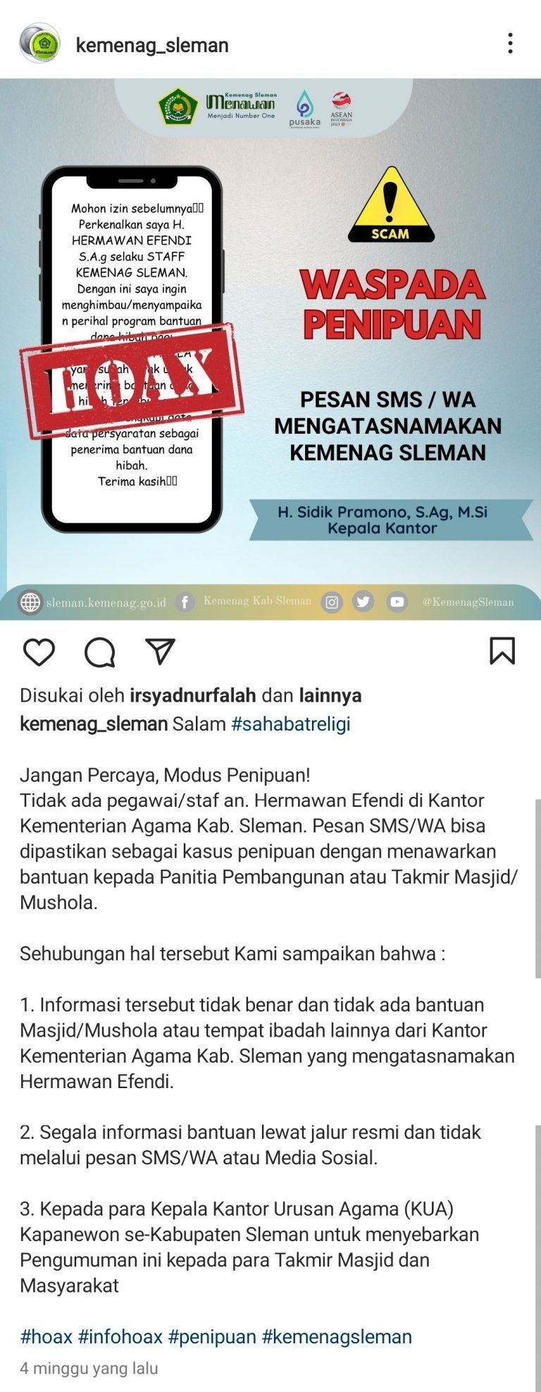 Waspada Penipuan Bantuan Dana Hibah Masjid Via Pesan WhatsApp, Mencatut Nama Pegawai Kemenag Sleman