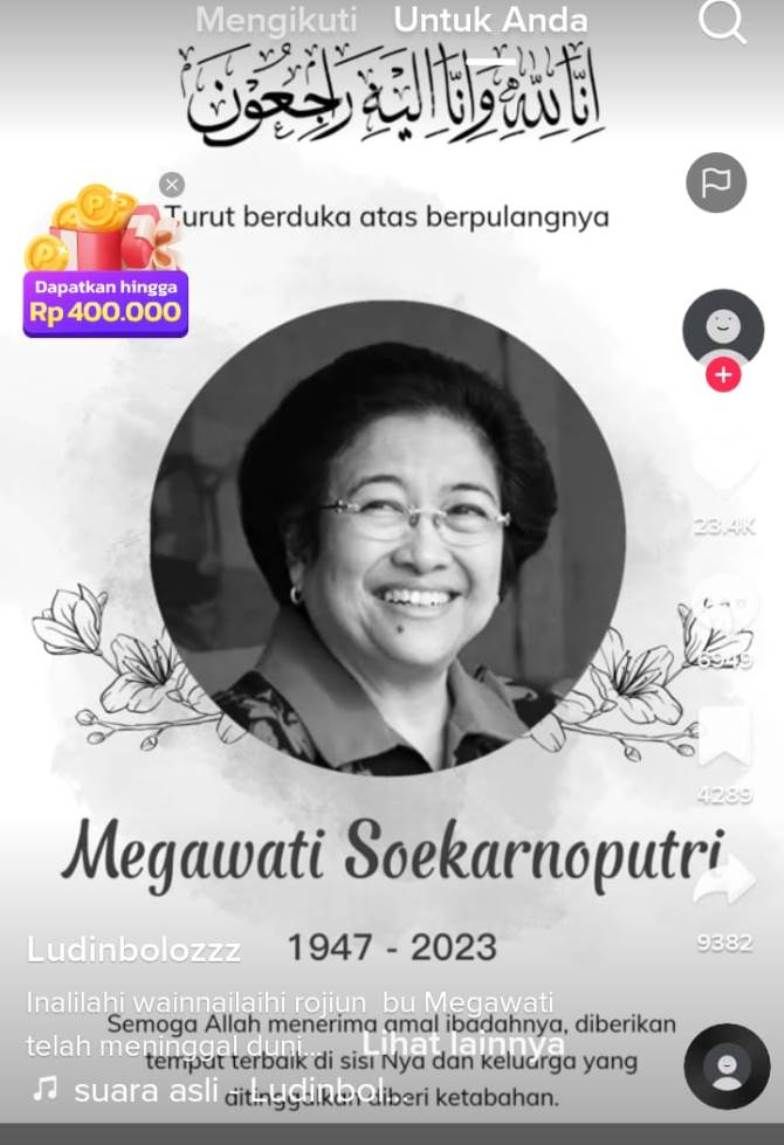 Tayangan akun TikTok yang mengunggah uacapan bela sungkawa atas meninggalnya Megawati Soekarnoputri