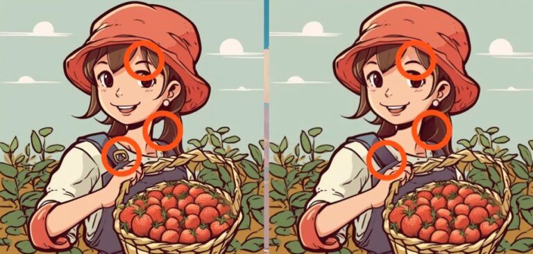 Jawaban tes IQ dalam menemukan perbedaan gambar gadis pembawa buah. 