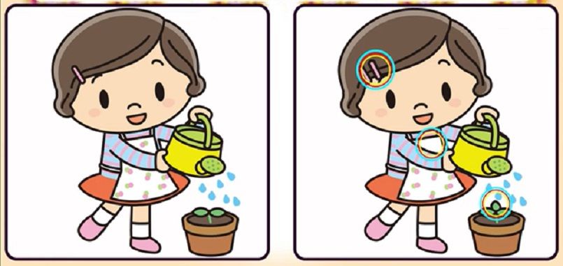 Jawaban tes IQ dalam menemukan perbedaan gambar anak yang sedang menyiram tanaman. 