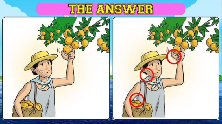 Jawaban tes IQ dalam menemukan perbedaan gambar pria yang sedang memetik jeruk. 