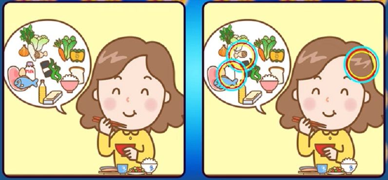 Jawaban tes fokus dalam menemukan perbedaan gambar gadis yang hobi makan. 