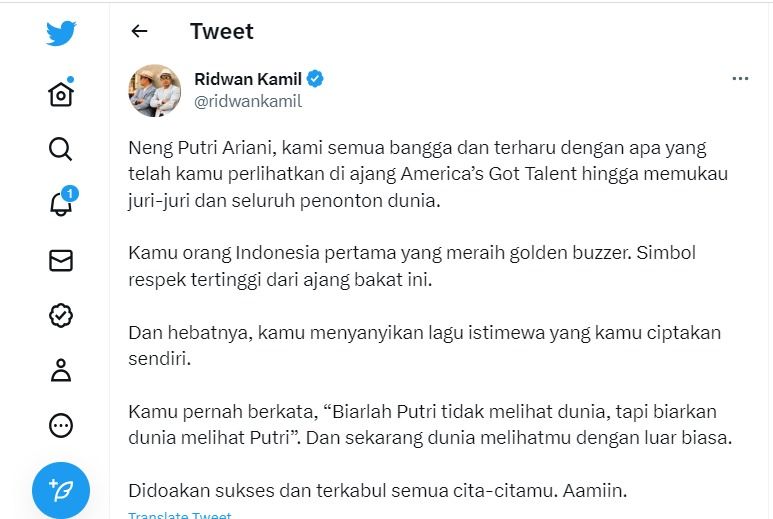 Cuitan Ridwan Kamil di Twitter untuk Putri Ariani.*/ Twitter/ @ridwankamil