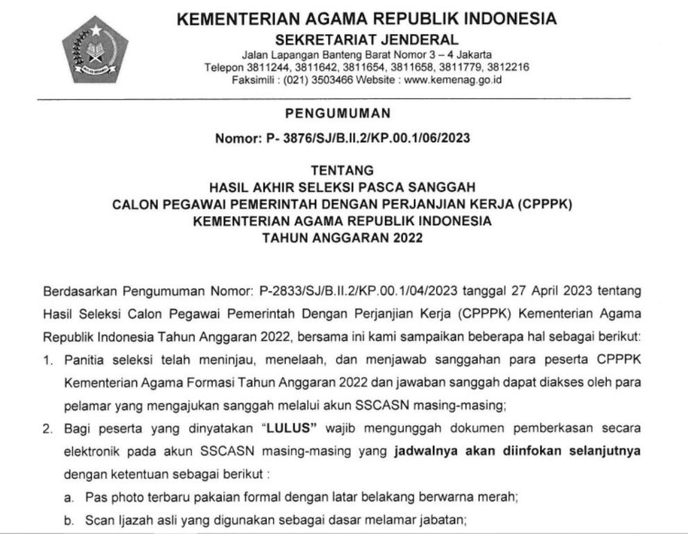 Pengumuman pasca sanggah PPPK Kemenag 2022