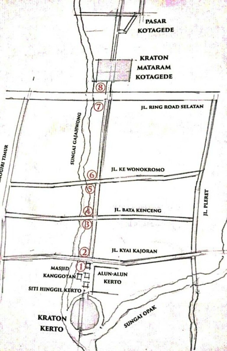 Jalur poros Kotagede - Kerto yang dilewati Sultan Agung dan keluarganya ketika pindah dari Kotagede ke Kerto. 