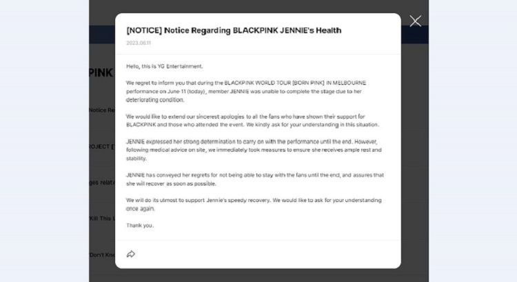 Pengumuman dari YG Entertainment mengenai kondisi Jennie.*/www.weverse.io/blackpink