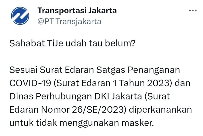 Unggahan PT TransJakarta tentang pemberitahuan soal masker untuk para penumpangnya.