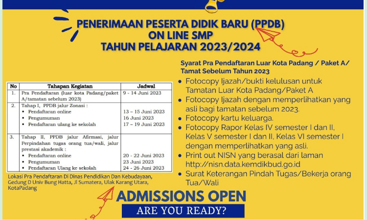 Jadwal PPDB SMP Kota Padang 2023 tahap 1 dan tahap 2.*