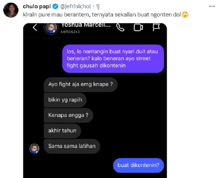 Unggahan Jefri Nichol di Twitter menjawab tantangan tinju dari Cellos./ Twitter/@jefrinichole