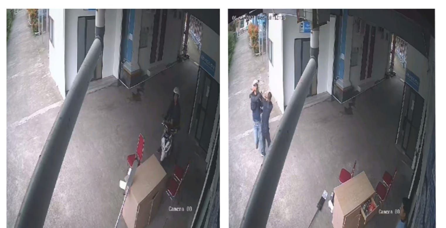 Tangkapan layar kamera CCTV saat aksi pemotor yang menyeruduk meja penjaga satpam (kiri), lalu memukul satpam di RSIA Respati Cikunir Kecamatan Singaparna Kabupaten Tasikmalaya, Kamis 22 Juni 2023.*/kolase kabar-priangan.com/Istimewa