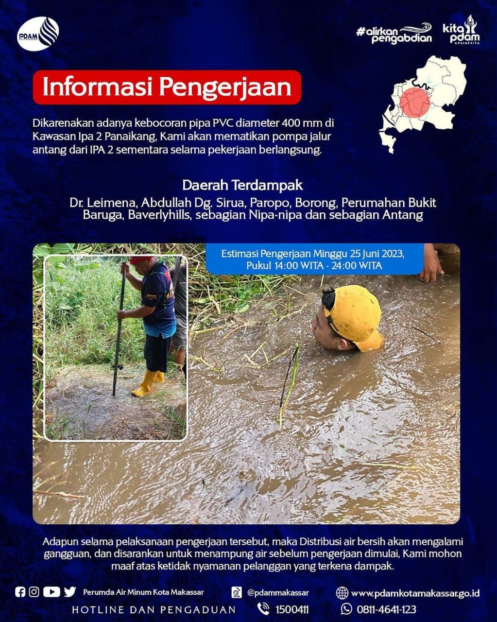 informasi pengerjaan pipa yang rusak oleh PDAM Makassar. 