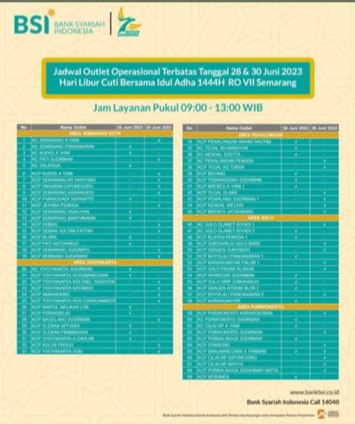 Jadwal Operasional Terbatas Bank BSI Purwokerto dan Sekitarnya Libur Idul Adha Cuti Bersama 28 Juni-30 Juni 2023 